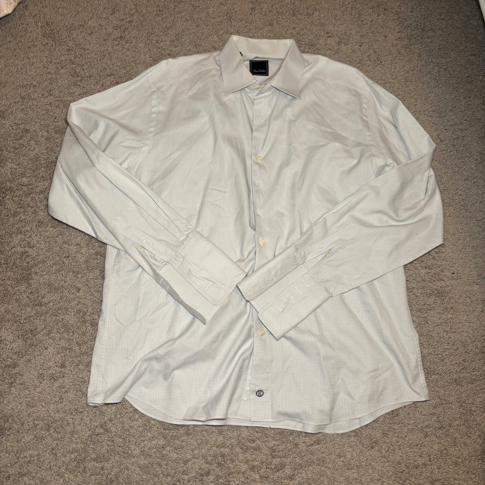 David Donahue Men Light Blue Micro Check Dress Shirt 17 34/35 French Cuff Cotton